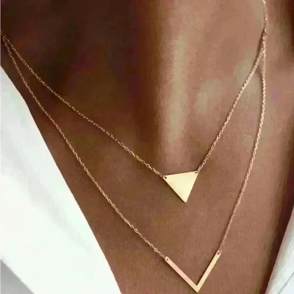 Vintage-Inspired Double Layer Triangle and V-Shaped Pendant Necklace